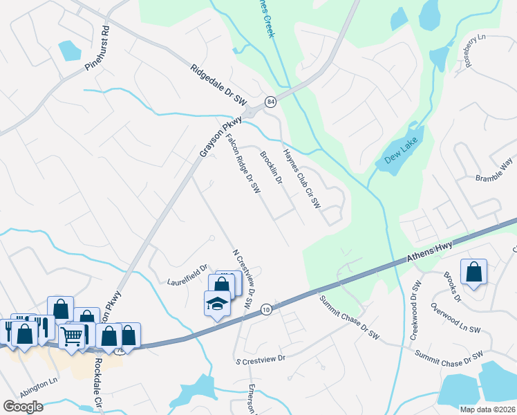 map of restaurants, bars, coffee shops, grocery stores, and more near 2590 Falcon Ridge Drive Southwest in Grayson