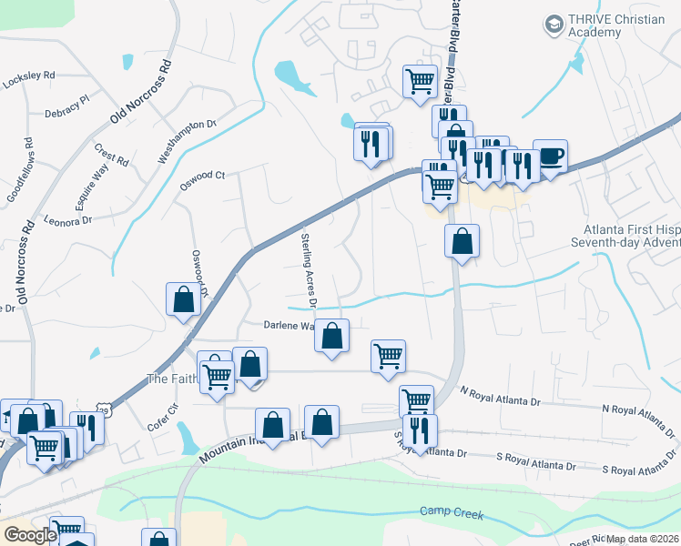 map of restaurants, bars, coffee shops, grocery stores, and more near 2643 Summit Hills Drive in Tucker
