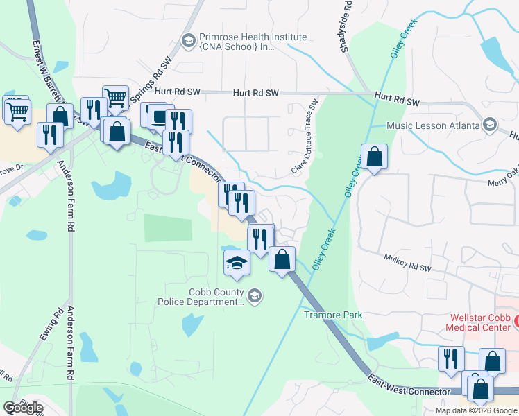 map of restaurants, bars, coffee shops, grocery stores, and more near 2222 East-West Connector in Austell
