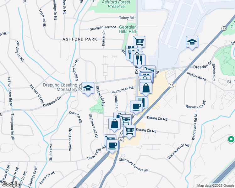 map of restaurants, bars, coffee shops, grocery stores, and more near 1878 Canmont Drive Northeast in Atlanta