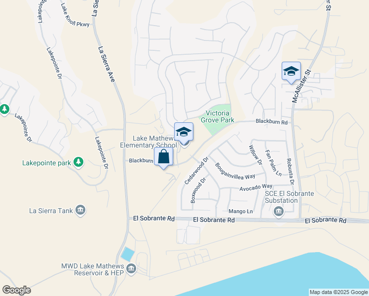 map of restaurants, bars, coffee shops, grocery stores, and more near 12252 Blackburn Road in Riverside