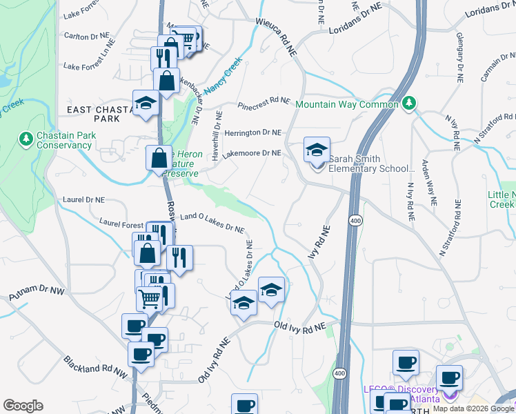 map of restaurants, bars, coffee shops, grocery stores, and more near 1 Emma Lane Northeast in Atlanta