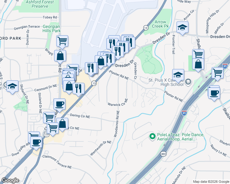 map of restaurants, bars, coffee shops, grocery stores, and more near 2644 Woodacres Road Northeast in Atlanta