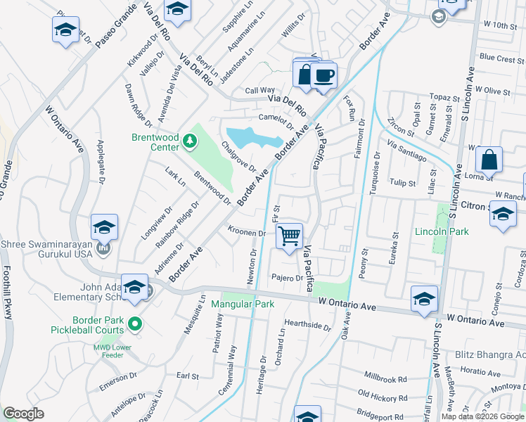 map of restaurants, bars, coffee shops, grocery stores, and more near 1305 Brentwood Circle in Corona