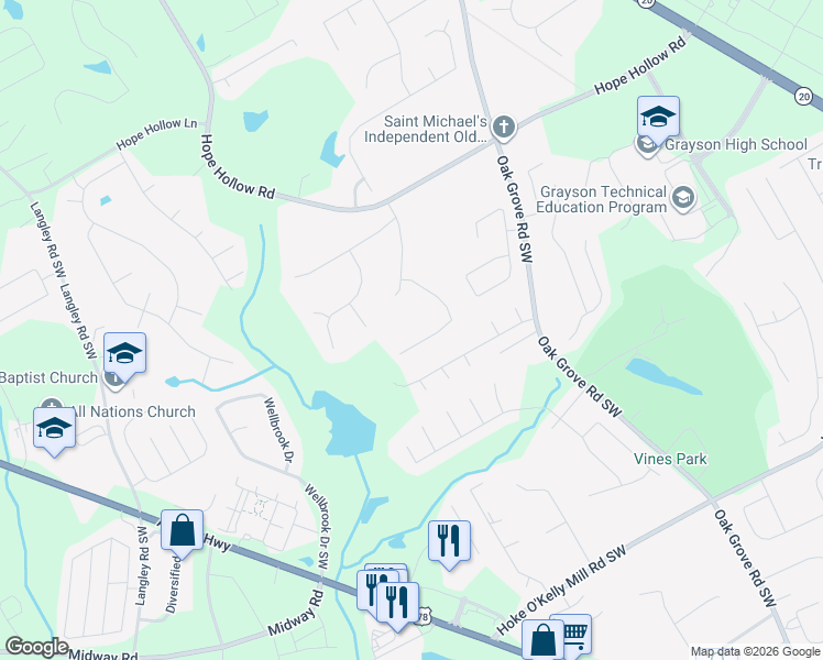 map of restaurants, bars, coffee shops, grocery stores, and more near 3333 Beech Hollow Court in Loganville