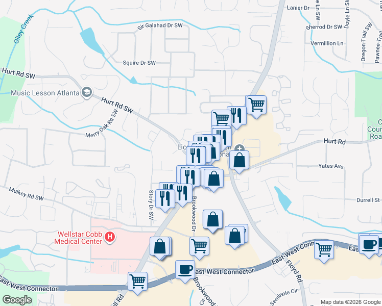 map of restaurants, bars, coffee shops, grocery stores, and more near 1514 Hurt Road Southwest in Marietta