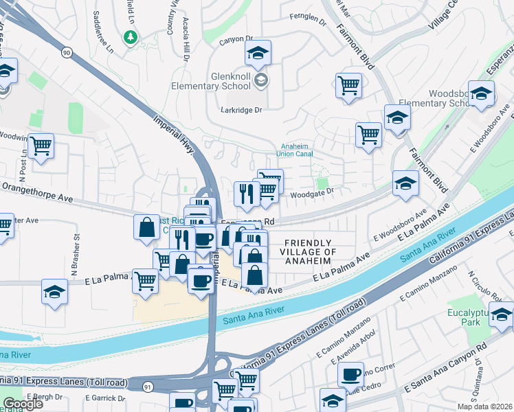 map of restaurants, bars, coffee shops, grocery stores, and more near 6832 Tahitian Circle in Yorba Linda