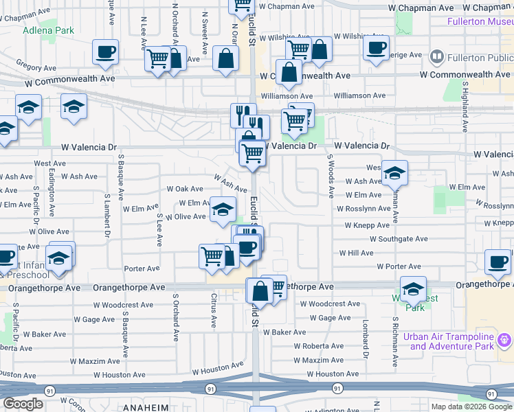 map of restaurants, bars, coffee shops, grocery stores, and more near 718 South Euclid Street in Fullerton