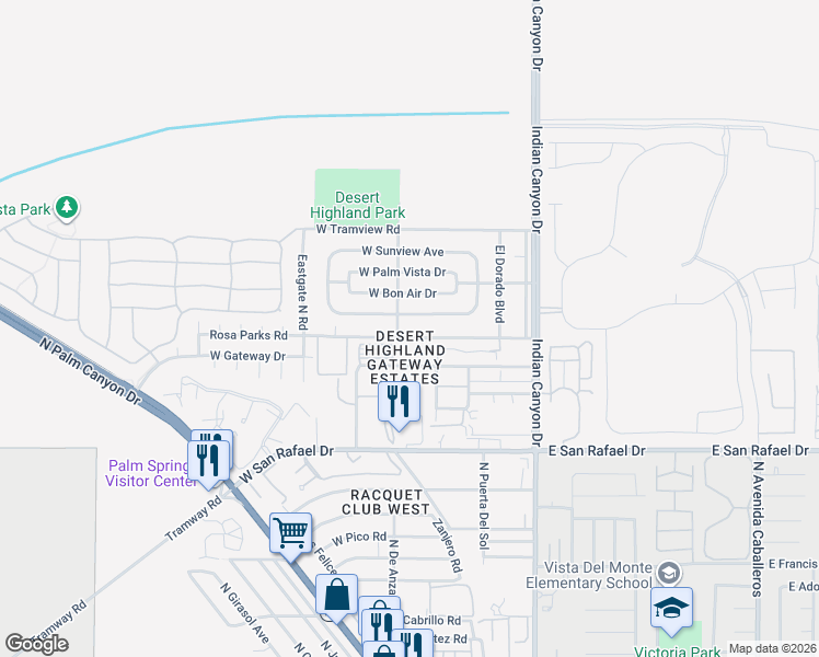 map of restaurants, bars, coffee shops, grocery stores, and more near 370 West Avenue Cerca in Palm Springs
