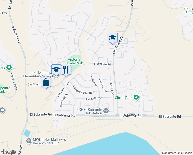 map of restaurants, bars, coffee shops, grocery stores, and more near 17601 Willow Drive in Riverside