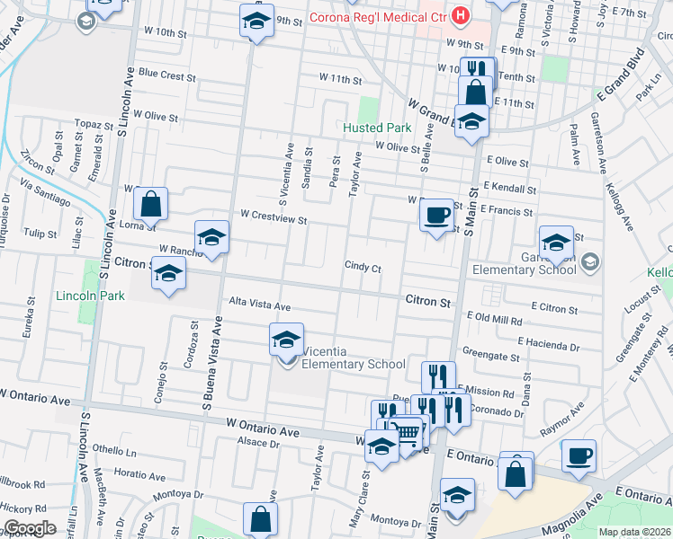 map of restaurants, bars, coffee shops, grocery stores, and more near 1689 Lorraine Drive in Corona