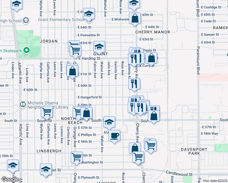 map of restaurants, bars, coffee shops, grocery stores, and more near 5994 Gaviota Avenue in Long Beach