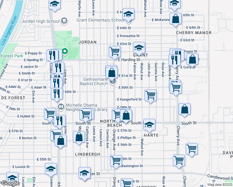map of restaurants, bars, coffee shops, grocery stores, and more near in Long Beach
