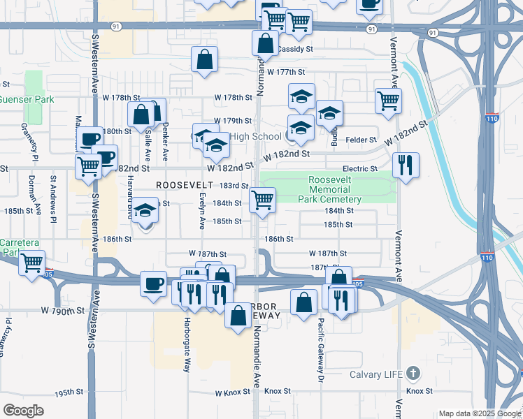 map of restaurants, bars, coffee shops, grocery stores, and more near 18424 Normandie Avenue in Gardena
