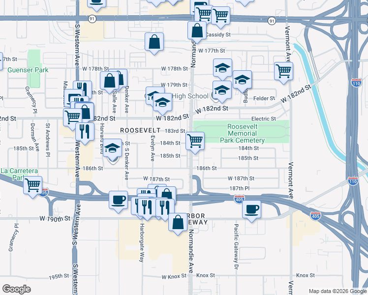 map of restaurants, bars, coffee shops, grocery stores, and more near 1427 184th Street in Gardena