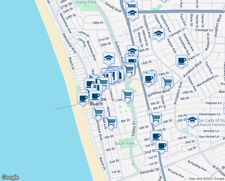 map of restaurants, bars, coffee shops, grocery stores, and more near 1184 Cypress Avenue in Hermosa Beach