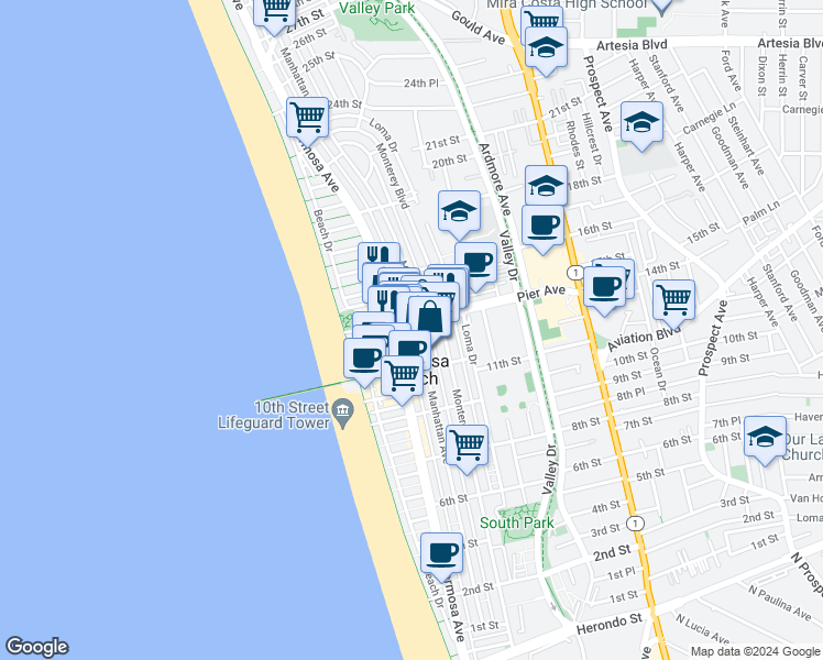 map of restaurants, bars, coffee shops, grocery stores, and more near 1414 Manhattan Avenue in Hermosa Beach