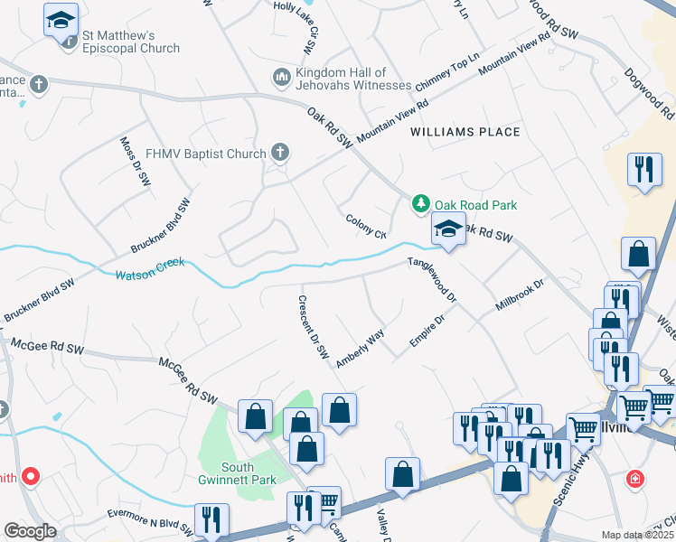 map of restaurants, bars, coffee shops, grocery stores, and more near 1972 Tanglewood Drive in Snellville