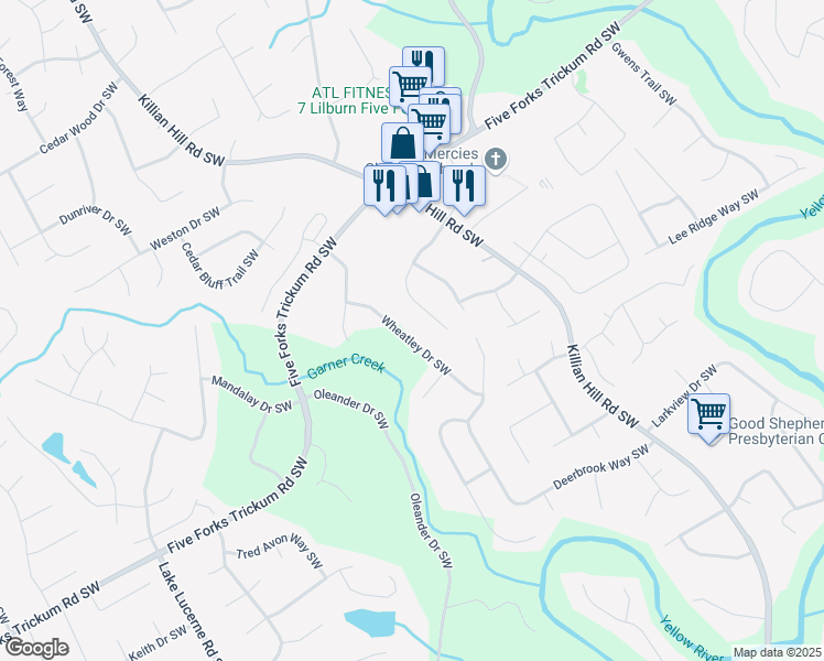 map of restaurants, bars, coffee shops, grocery stores, and more near 1130 Wheatley Drive Southwest in Lilburn