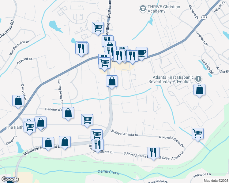 map of restaurants, bars, coffee shops, grocery stores, and more near 2660 Tucker Valley Road in Tucker