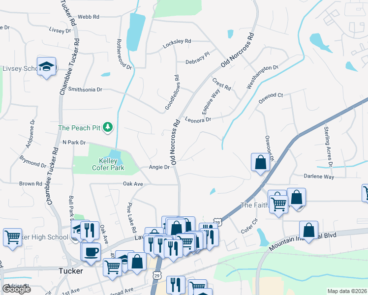 map of restaurants, bars, coffee shops, grocery stores, and more near 3630 Lakeside Court in Tucker