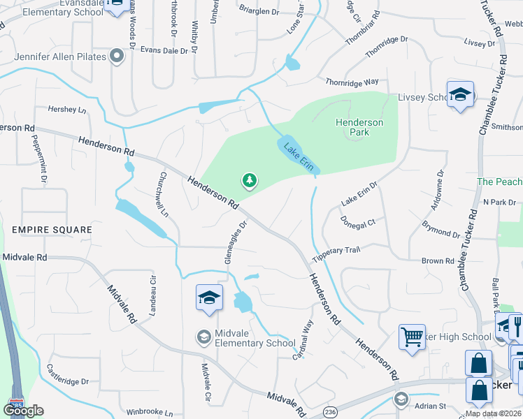 map of restaurants, bars, coffee shops, grocery stores, and more near 2048 Luxuria Court in Tucker