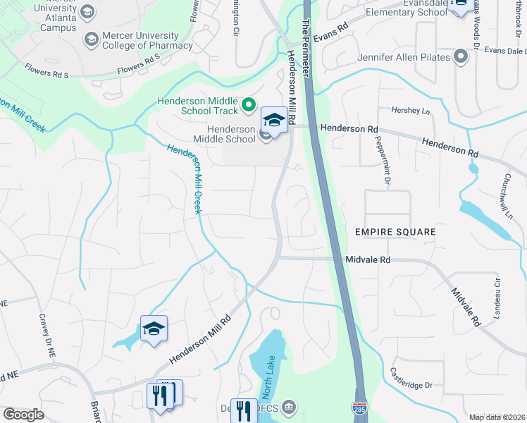 map of restaurants, bars, coffee shops, grocery stores, and more near 2728 Henderson Mill Road in Atlanta