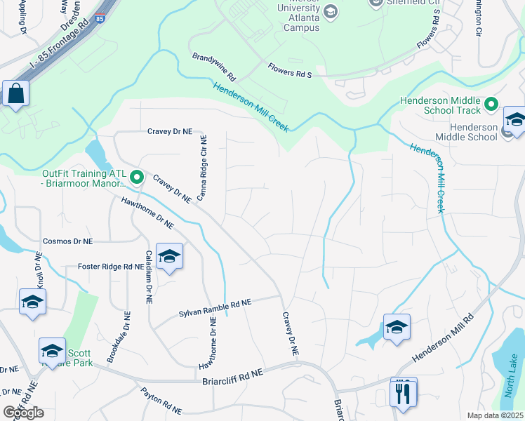 map of restaurants, bars, coffee shops, grocery stores, and more near 2636 Whiteleigh Court Northeast in Atlanta