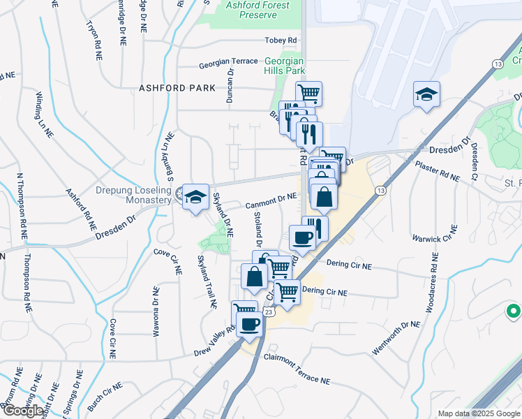 map of restaurants, bars, coffee shops, grocery stores, and more near 1878 Canmont Drive Northeast in Atlanta