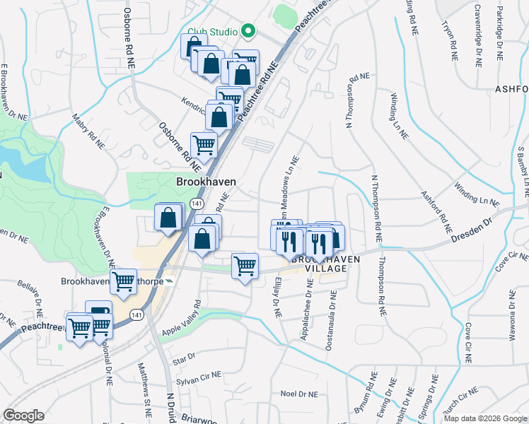 map of restaurants, bars, coffee shops, grocery stores, and more near 2646 Green Meadows Lane Northeast in Atlanta