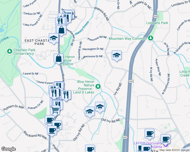 map of restaurants, bars, coffee shops, grocery stores, and more near 477 Emily Reed Lane in Atlanta