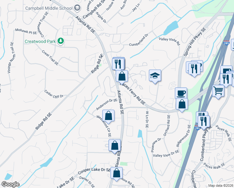 map of restaurants, bars, coffee shops, grocery stores, and more near 3704 Paces Park Circle Southeast in Smyrna