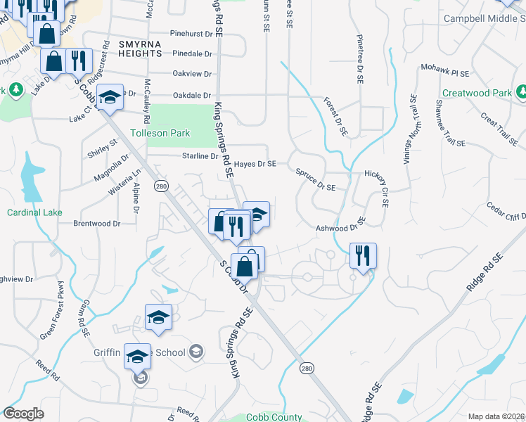 map of restaurants, bars, coffee shops, grocery stores, and more near 1231 Kingsview Drive in Smyrna