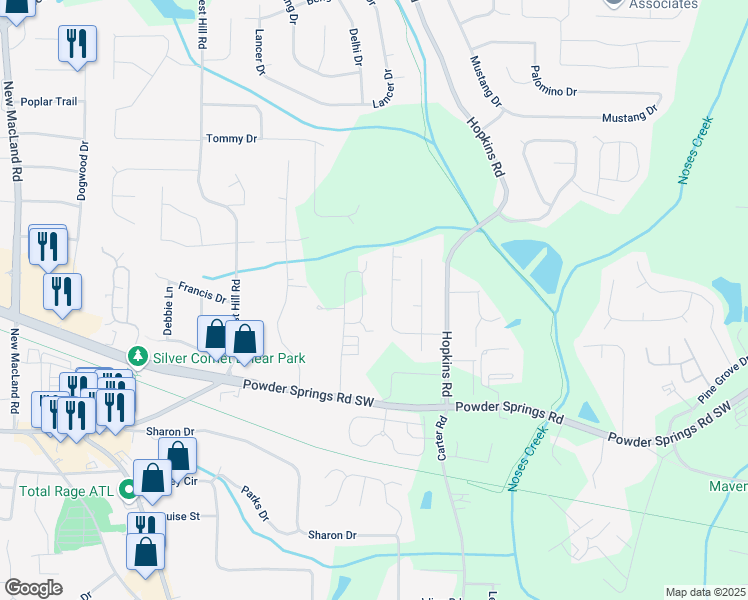 map of restaurants, bars, coffee shops, grocery stores, and more near 3919 Shelleydale Drive in Powder Springs
