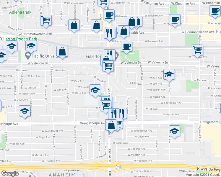 map of restaurants, bars, coffee shops, grocery stores, and more near 718 South Euclid Street in Fullerton
