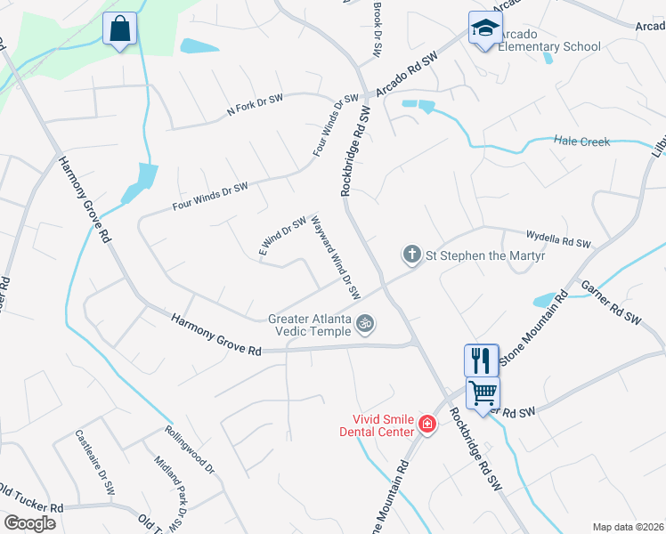 map of restaurants, bars, coffee shops, grocery stores, and more near 398 Wayward Wind Drive Southwest in Lilburn