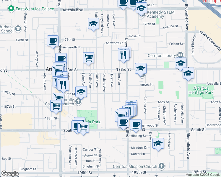 map of restaurants, bars, coffee shops, grocery stores, and more near 18502 Grayland Avenue in Artesia