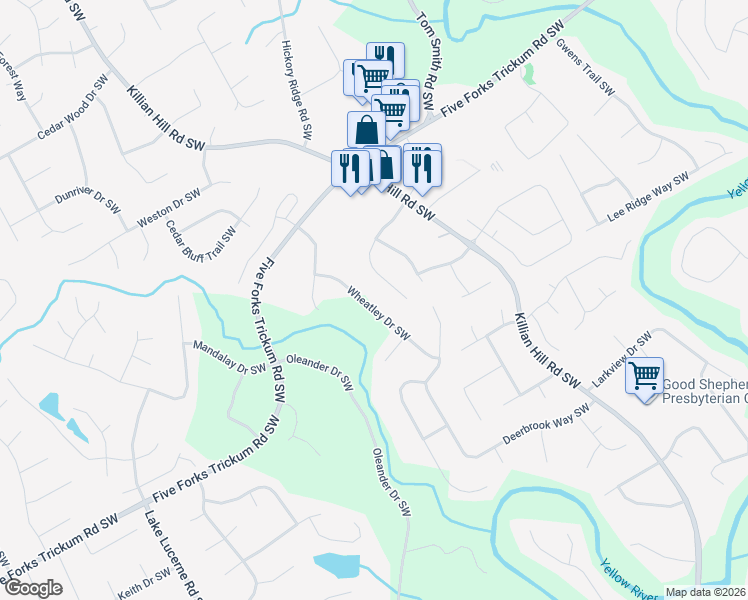 map of restaurants, bars, coffee shops, grocery stores, and more near 1130 Wheatley Drive Southwest in Lilburn