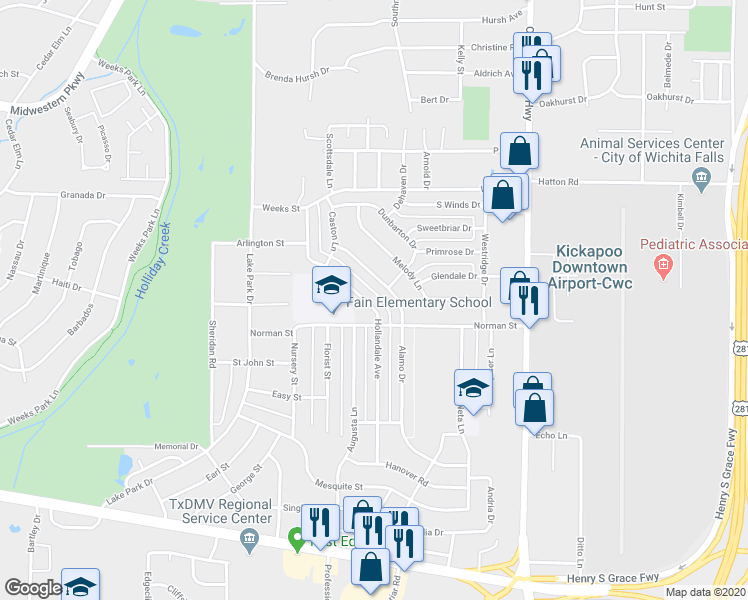 map of restaurants, bars, coffee shops, grocery stores, and more near 4611 Hollandale Avenue in Wichita Falls