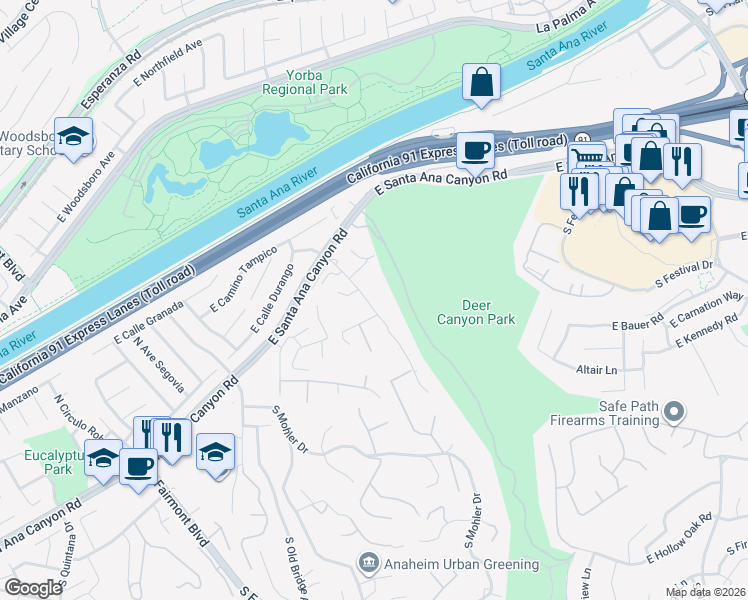 map of restaurants, bars, coffee shops, grocery stores, and more near 142 South Eucalyptus Drive in Anaheim