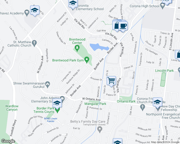 map of restaurants, bars, coffee shops, grocery stores, and more near 1616 Border Avenue in Corona
