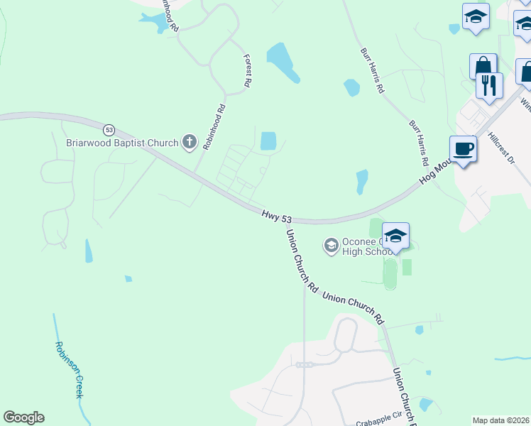 map of restaurants, bars, coffee shops, grocery stores, and more near 2882 Hog Mountain Road in Watkinsville