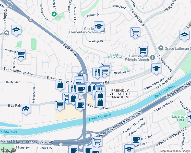 map of restaurants, bars, coffee shops, grocery stores, and more near 6732 Vista Loma in Yorba Linda