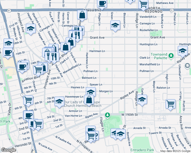 map of restaurants, bars, coffee shops, grocery stores, and more near 1817 Belmont Lane in Redondo Beach