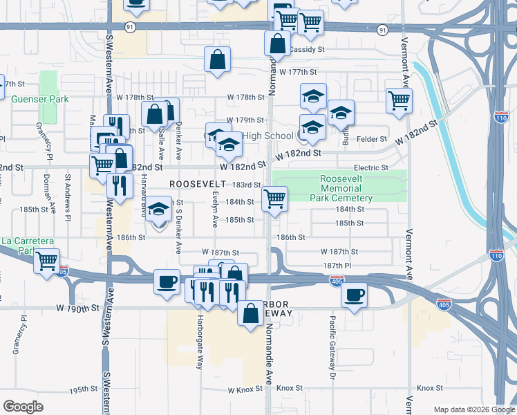 map of restaurants, bars, coffee shops, grocery stores, and more near 1427 184th Street in Gardena