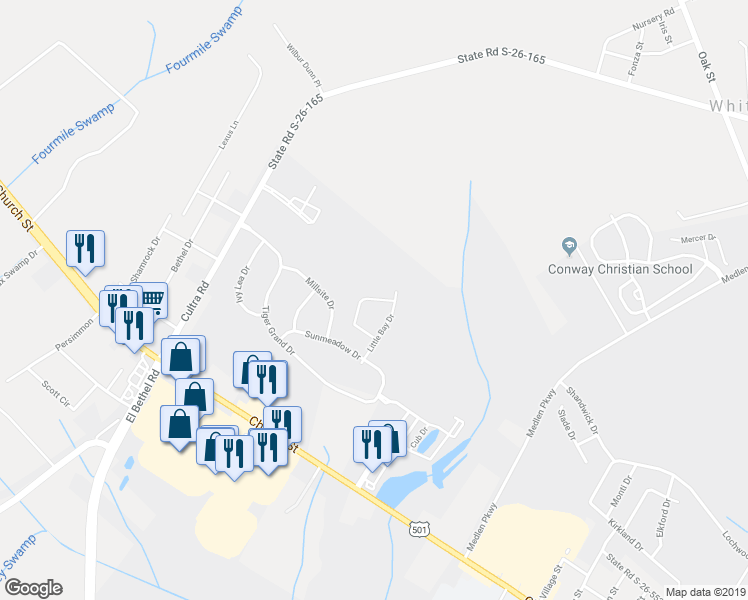 map of restaurants, bars, coffee shops, grocery stores, and more near 4004 Woodcliffe Drive in Conway