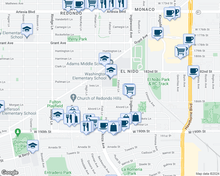 map of restaurants, bars, coffee shops, grocery stores, and more near 2507 184th Street in Redondo Beach