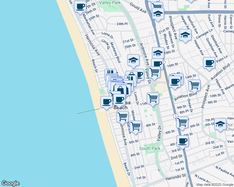 map of restaurants, bars, coffee shops, grocery stores, and more near 1414 Manhattan Avenue in Hermosa Beach