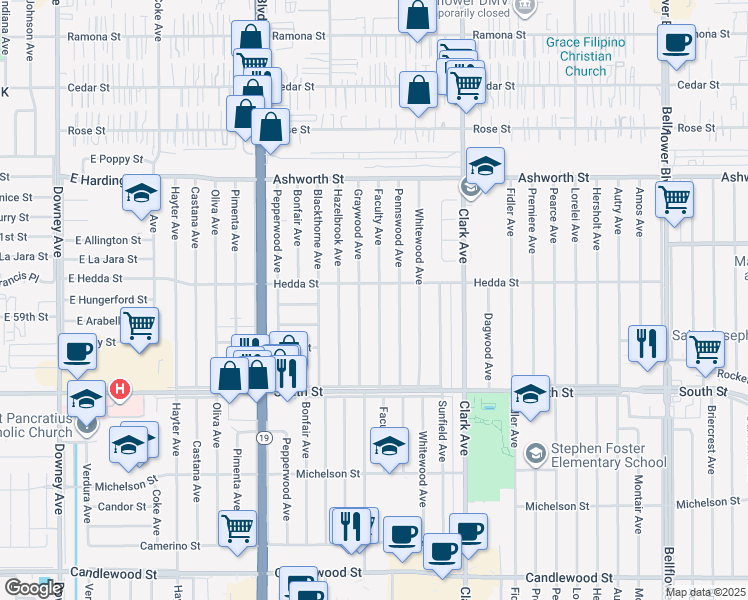 map of restaurants, bars, coffee shops, grocery stores, and more near 5949 Faculty Avenue in Lakewood