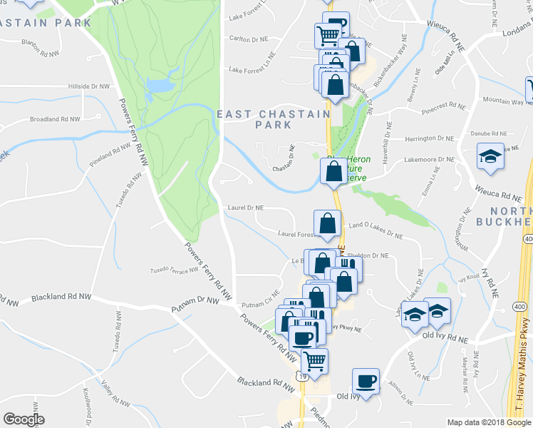 map of restaurants, bars, coffee shops, grocery stores, and more near 92 Laurel Drive Northeast in Atlanta